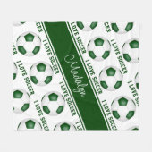 私はサッカー文字柄の女の子の緑の白が大好き フリースブランケット (正面(横))