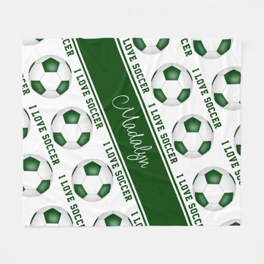 私はサッカー文字柄の女の子の緑の白が大好き フリースブランケット (正面(横))