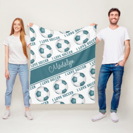 私はサッカー文字柄の女の子ティール（緑がかった色）白が大好き フリースブランケット