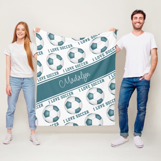 私はサッカー文字柄の女の子ティール（緑がかった色）白が大好き フリースブランケット (インサイチュ)