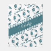 私はサッカー文字柄の女の子ティール（緑がかった色）白が大好き フリースブランケット (正面)