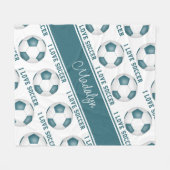 私はサッカー文字柄の女の子ティール（緑がかった色）白が大好き フリースブランケット (正面(横))