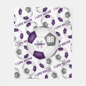 私はサッカー文字柄の女の子パープルグレイが大好き フリースブランケット (正面)