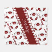 私はサッカー文字柄の女の子マルーンホワイトが大好き フリースブランケット (正面(横))