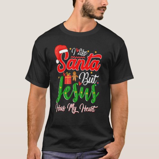 私はサンタが好きだが、イエスは私のハートサンタ・ハットXmaを持っている Tシャツ (正面)