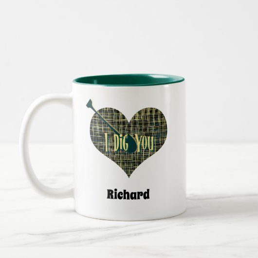 私はシャベルであなたの黄色のグリッドハートを掘る ツートーンマグカップ (左)