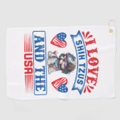 私はシーズー（犬）ツスとアメリカが大好き ゴルフタオル (横)