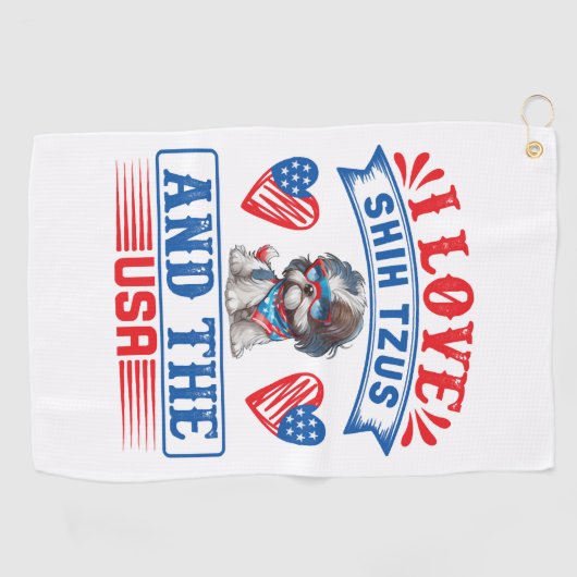 私はシーズー（犬）ツスとアメリカが大好き ゴルフタオル (横)