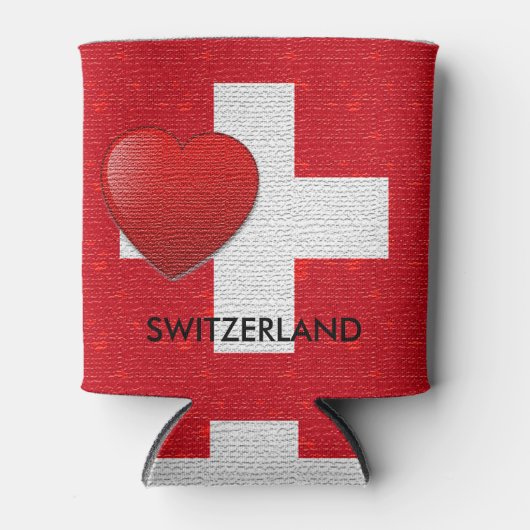 私はスイスのマグスイスのバーラップ国旗の赤いハートが大好き 缶クーラー (正面)