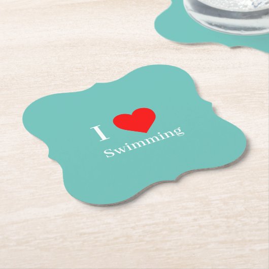 私はスイミングタイポグラフィ&赤いハートミントグリーンが大好き ペーパーコースター (アングル)