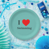 私はスイミングタイポグラフィ&赤いハートミントグリーンが大好き ペーパープレート (パーティー)