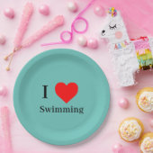 私はスイミングタイポグラフィ&赤いハートミントグリーンが大好き ペーパープレート (パーティー)