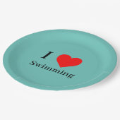 私はスイミングタイポグラフィ&赤いハートミントグリーンが大好き ペーパープレート (アングル)