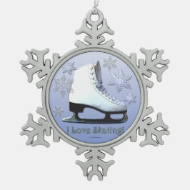 私はスケートで滑ることを愛します! スノーフレークピューターオーナメント