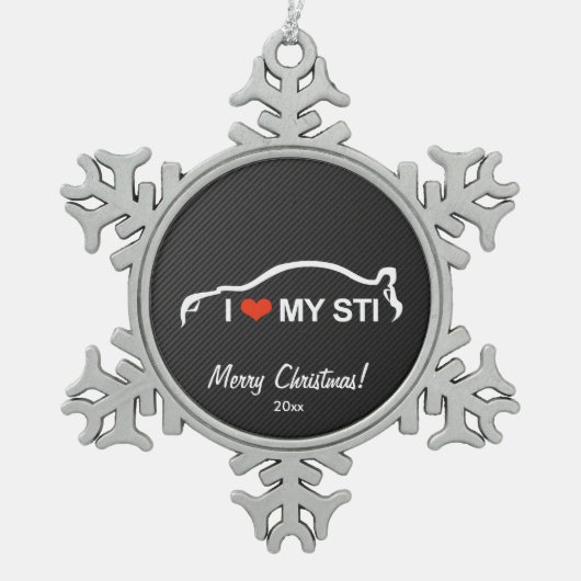 私はスバル・インプレッサ私のWRX STIを愛します スノーフレークピューターオーナメント (正面)