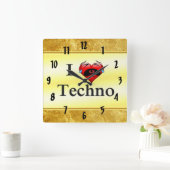 私はテクノが大好きおもしろいで赤いハート歌 スクエア壁時計 (ホーム)