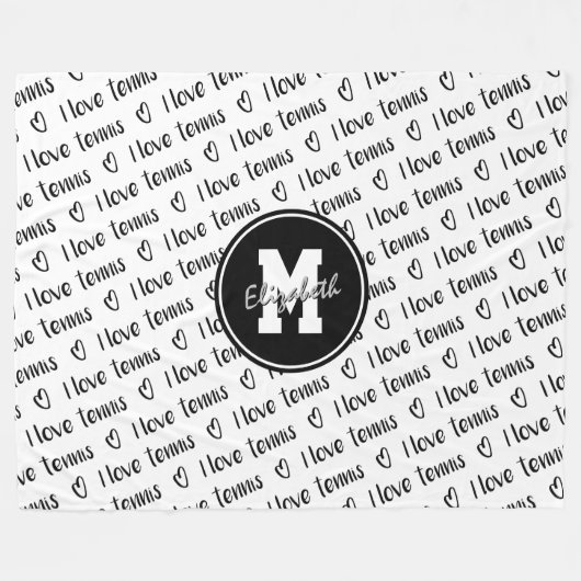 私はテニスタイポグラフィ白黒任意の色が大好き フリースブランケット (正面(横))