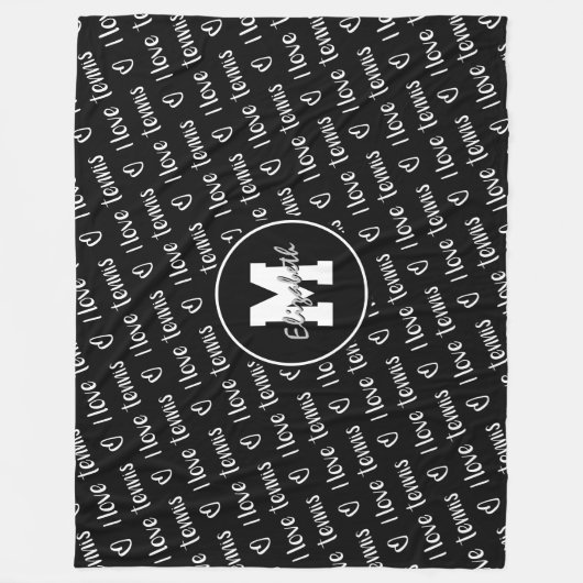 私はテニス文字ハート白黒任意の色が大好き フリースブランケット (正面)