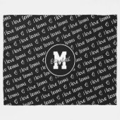 私はテニス文字ハート白黒任意の色が大好き フリースブランケット (正面(横))