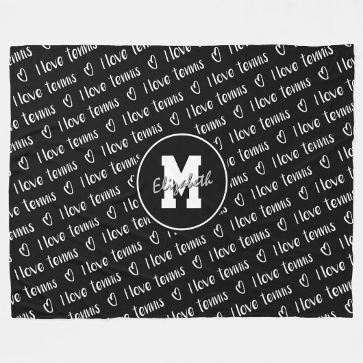 私はテニス文字ハート白黒任意の色が大好き フリースブランケット (正面(横))