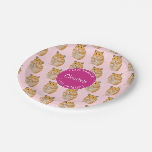私はハムスターのピンクのハムスターパターンを愛します ペーパープレート (アングル)