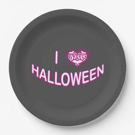 私はハロウィーンを愛する(バティラブハート)パープルホワイト ペーパープレート (正面)