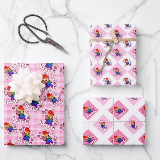 私はハート、虹の旗の色の恐竜を盗む ラッピングペーパーシート (正面)