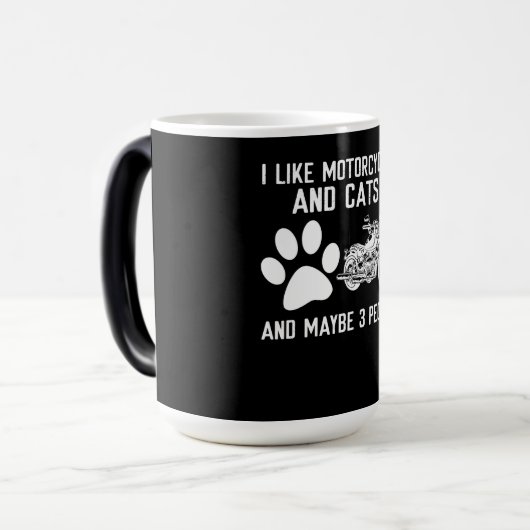 私はバイクや猫のアートおもしろいギフトが好きだ モーフィングマグカップ (正面左)