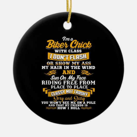 私はバイク好きのバイクもしくは自転車に乗る人に贈るギフトだ セラミックオーナメント (正面)