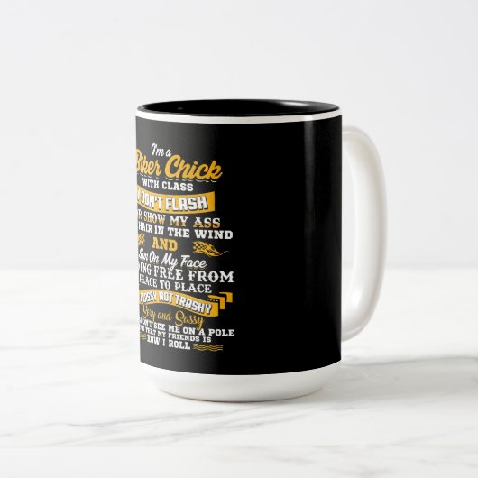 私はバイク好きのバイクもしくは自転車に乗る人に贈るギフトだ ツートーンマグカップ (正面右)