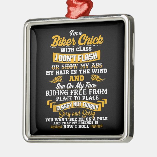 私はバイク好きのバイクもしくは自転車に乗る人に贈るギフトだ メタルオーナメント (左)