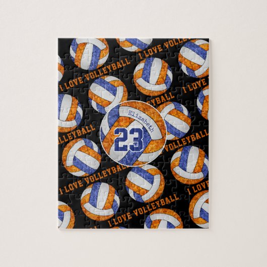 私はバレーボールが大好きな青オレンジ色の女の子パーソナライズされた ジグソーパズル (縦)