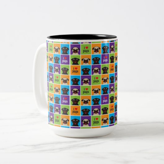私はパグ色の正方形2の調子のマグを愛します ツートーンマグカップ (正面左)