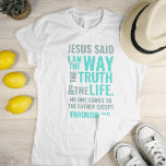 私はパステルカラーのウェイTシャツ Tシャツ<br><div class="desc">ヨハネ14:6の聖書の聖句を持つキリスト教のTシャツイエスは彼に言った、「わたしは道であり、真理であり、いのちである。私を通し来てしか父に対して誰も出来ない」詩は青いパステル色で書き物とミニマルタイポグラフィを混ぜて書かれている。このトレンディーモダン、信仰のデザインは完璧な贈り物とファッション声明である。#christian #religion #scripture #faith #bible #jesus</div>