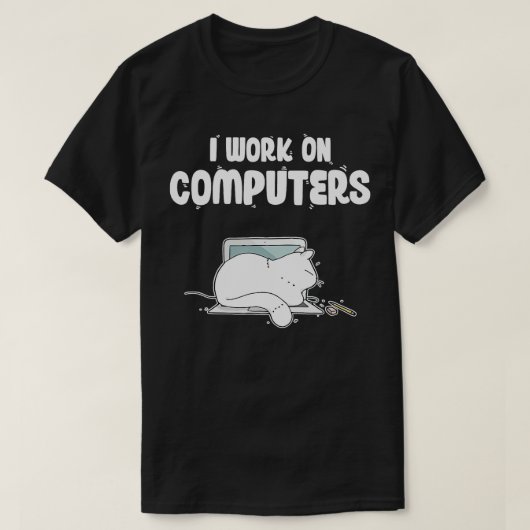 私はパソコンで可愛い猫情報技術を使っている Tシャツ (デザイン正面)
