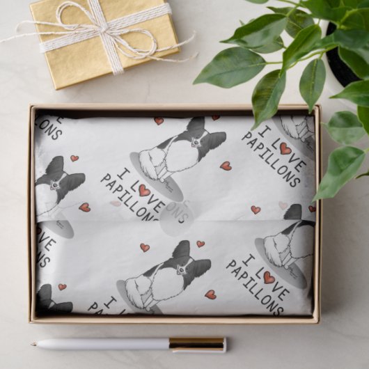 私はパピヨンが大好き（白と黒）ハート犬かわいい 薄葉紙 (ギフト)