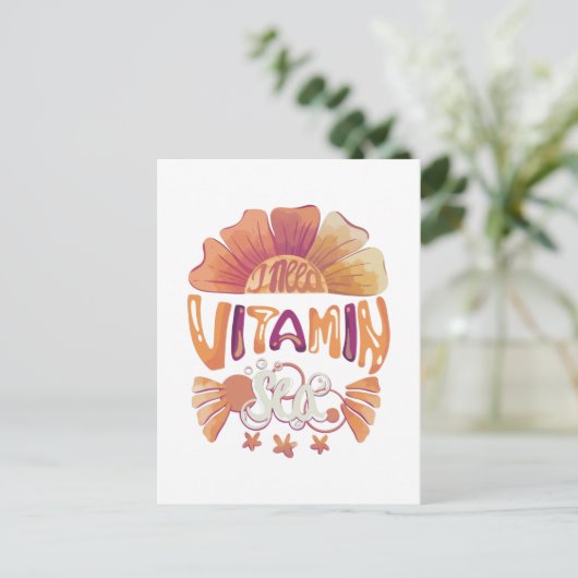 私はビタミンの海が必要だ：手で文字を入れたサンセットエスケープ ポストカード (スタンド正面)