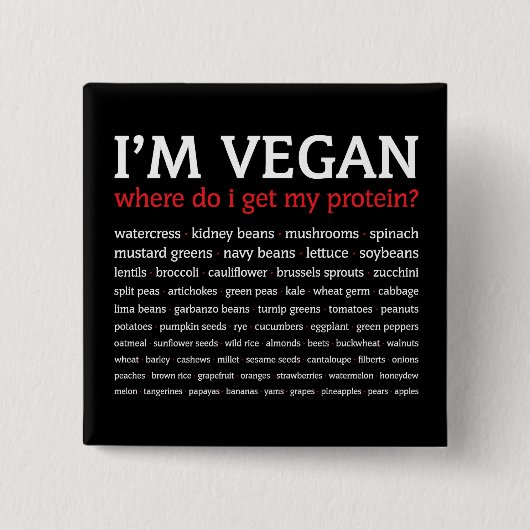 私はビーガンです: 私はどこから私の蛋白質を得ますか。 缶バッジ (正面)