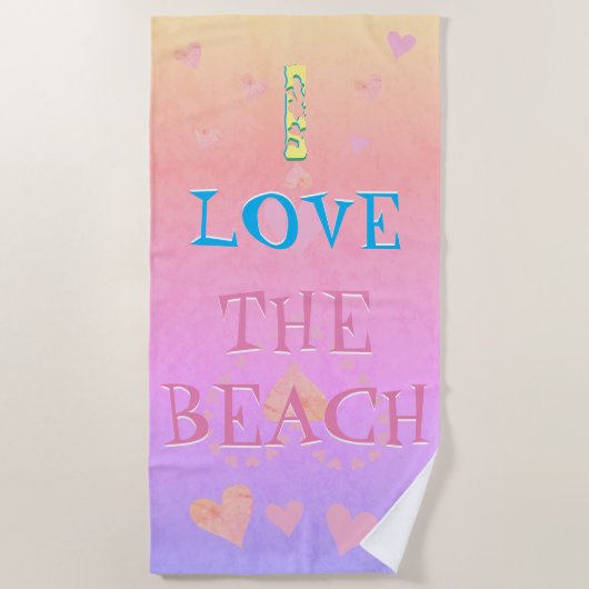 「私はビーチが大好き」ビーチサンライズ&ハート ビーチタオル (正面)
