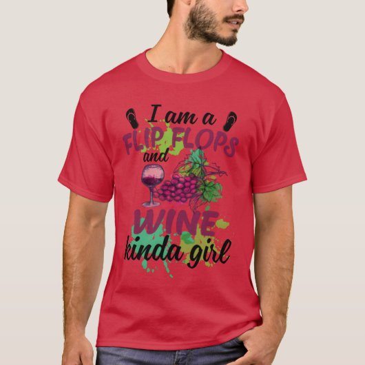 私はビーチサンダル＋ワインが好きな女の子 面白い 飲酒 Tシャツ (正面)