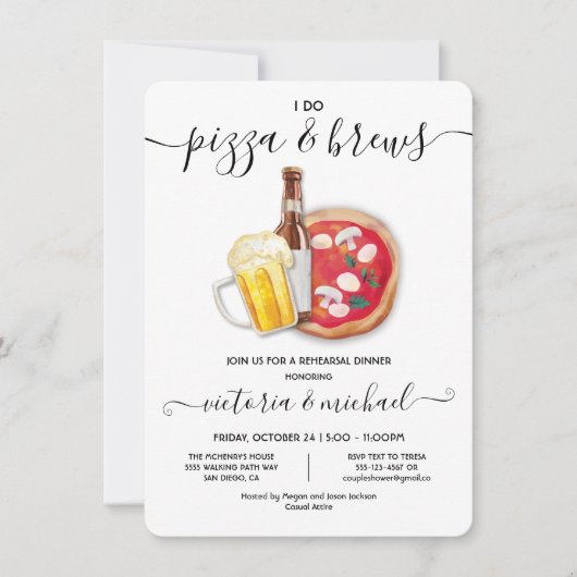 私はピザ&ブリューズ・リハーサル・ディナーを行う 招待状 (正面)