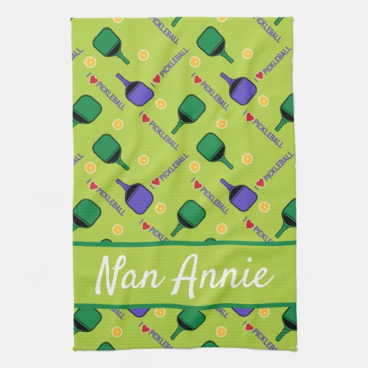 私はピックボールグリーンが大好き キッチンタオル (縦)