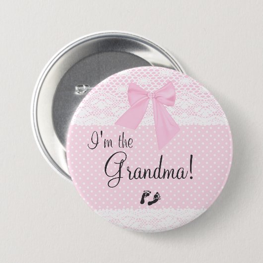 私はピンクのドットと白のレースを持ったおばあちゃん 缶バッジ (正面&裏面)