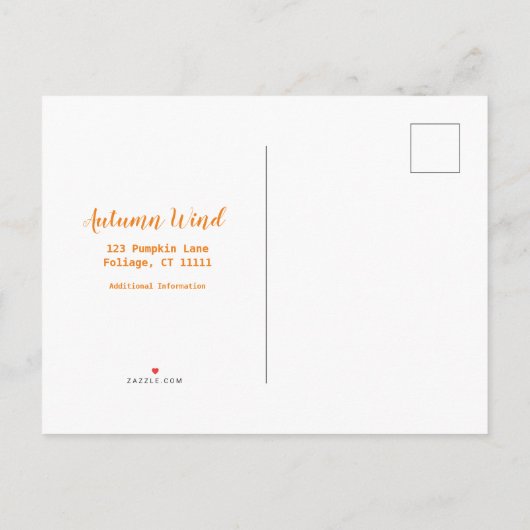 私はフクロウやカボチャで紅葉を動かした 案内ポストカード (裏面)