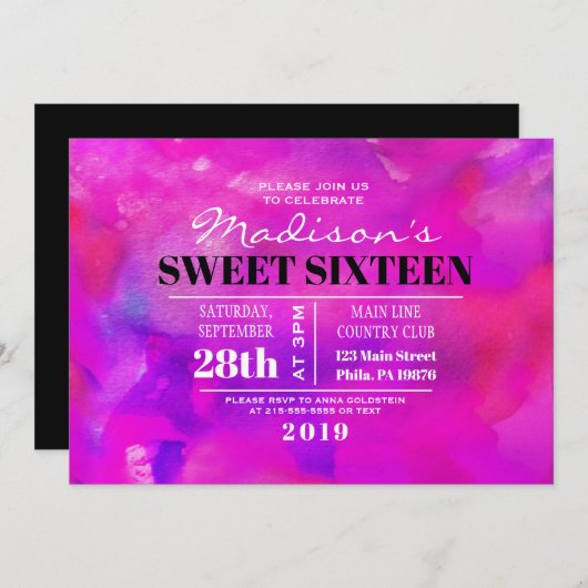 私はフシア水彩Sweet sixteen招待状 招待状 (正面/裏面)