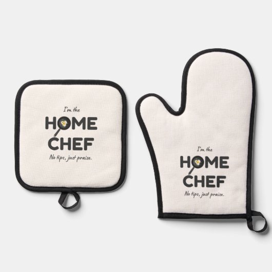 私はホームシェフだ。ヒントなし、称賛 – おもしろい 鍋つかみ&鍋敷きセット (正面)