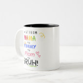 私はママから十代のおもしろい親ブラに行った ツートーンマグカップ (正面左)