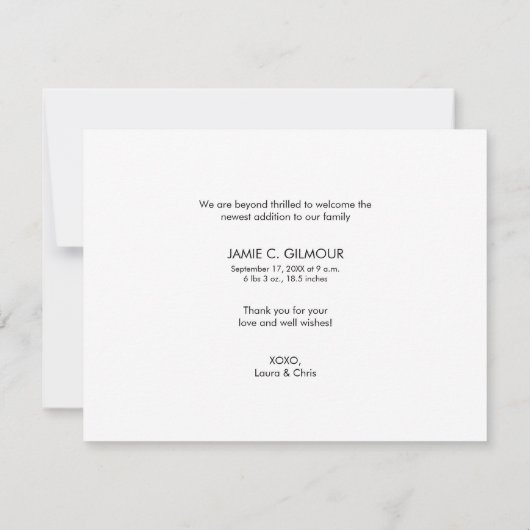 私はモダン可愛いベビー写真誕生に到着 案内状 (裏面)