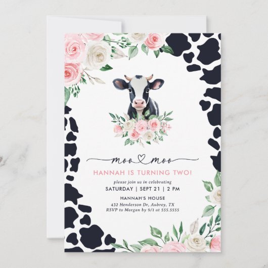 私はモー2ピンクのフローラ牛の女の子2歳の誕生日だ 招待状 (正面)