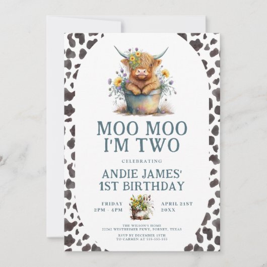私はモー2牛プリントファームガールの女の子2nd誕生日 招待状 (正面)